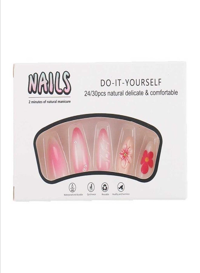 Foccna Almond Press on Nails Soft Gel Medium Nude Fake Nails French Glossy False Nail Tips Artificial Nails 3D Flower Clear,24pcs - Image 4